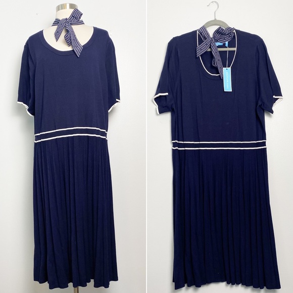 NWT Draper James Dots Bowtie Neck Navy Blue Pleated Sweater Knit Dress Womens 3X - Picture 2 of 14